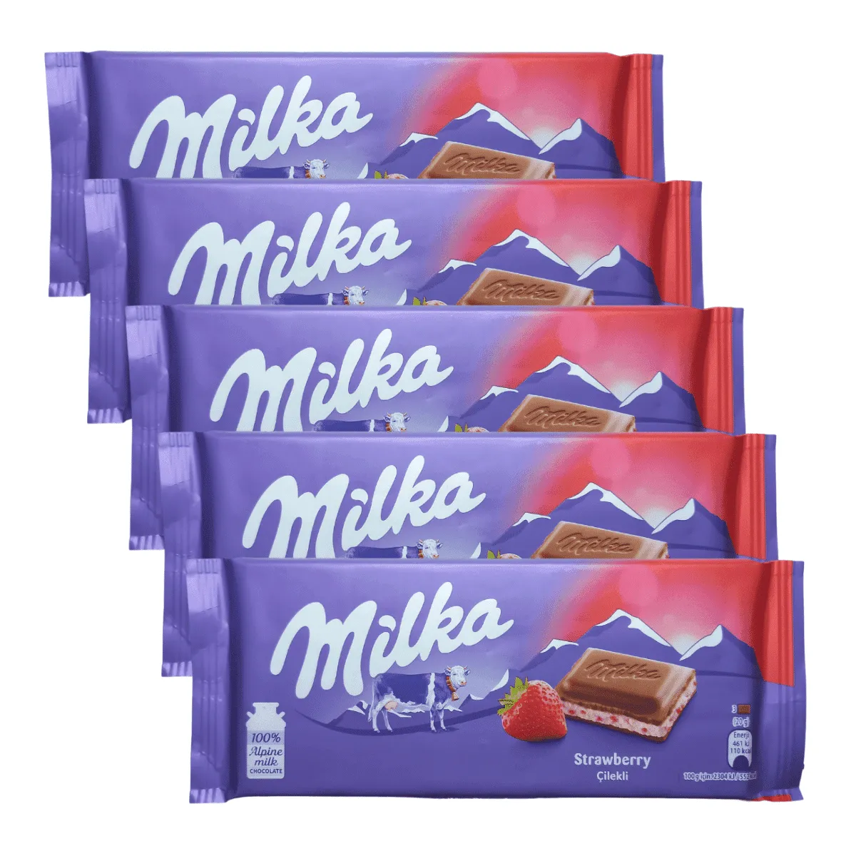5 barras de chocolate milka recheado de creme de morango